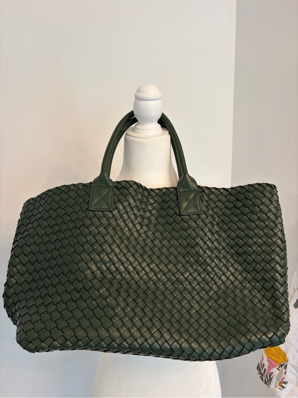Woven Tote Bag in Dark Green - Luxury Handled Carryall - Picture 2 of 3